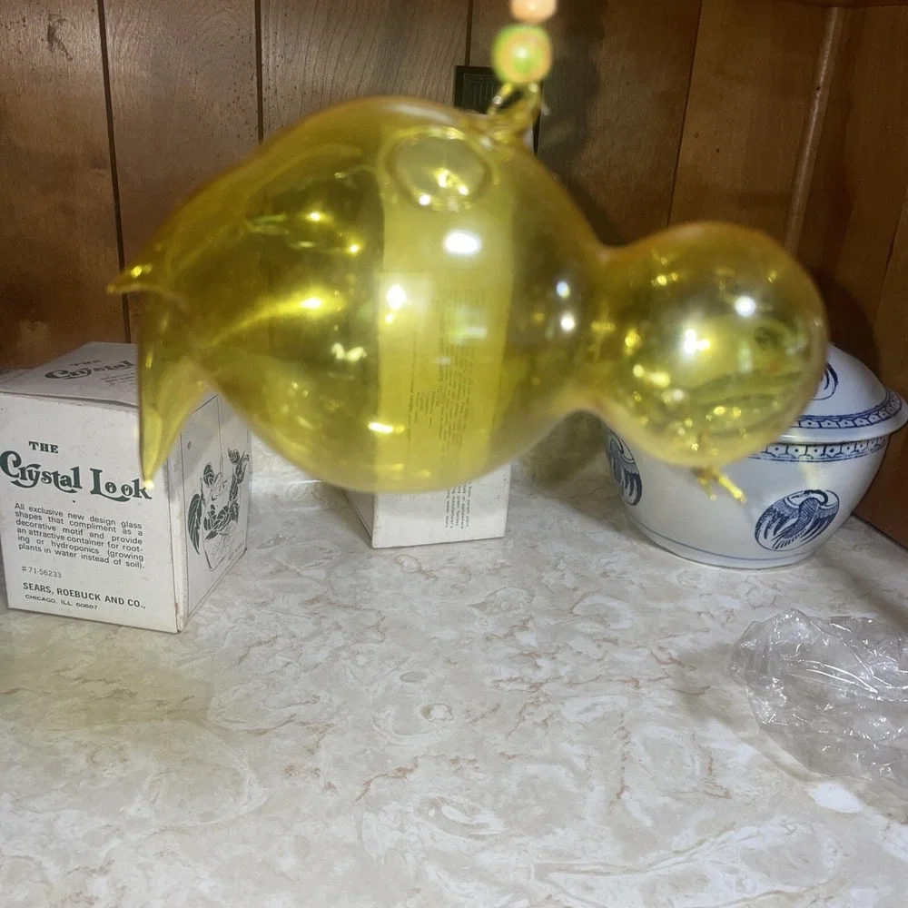 Vintage Hand Blown Glass‎ Hanging Plant Propagation Yellow Bird Wooden Beads